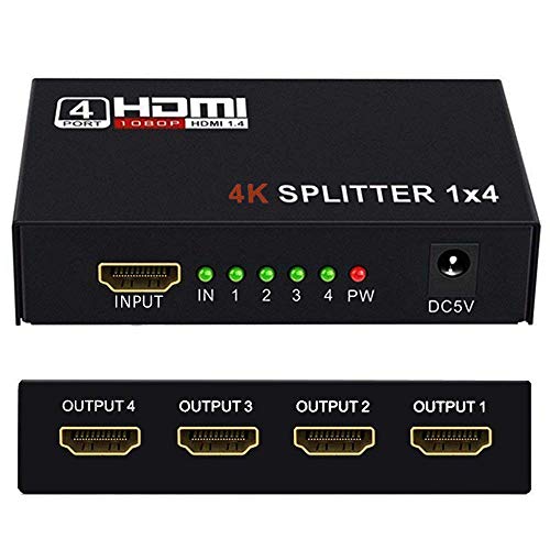 Product Cover HDMI Splitter 1 in 2 3 4 Out 4K@30HZ, WEILIANTE 4K V1.4 HDCP Powered Hdmi Video Splitter with AC Adaptor 1 Input to 4 Outputs, Supports 3D 4K HD1080P for PS4 XboxRoku Blu-Ray Player Apple TV HDTV