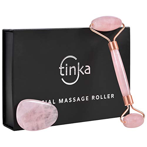 Product Cover Rose Quartz Face Roller | 100% Natural Gemstone Facial Roller | Anti Aging Facial Massage Tool For Face & Neck | Includes Rose Quartz Gua Sha Tool | Best Pink Jade Eye Roller