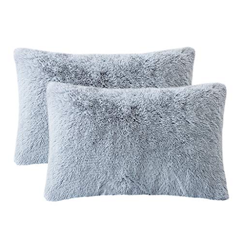 Product Cover LIFEREVO 2 Pack Shaggy Plush Faux Fur Pillow Shams Fluffy Decorative Pillowcases Zipper Closure (Gray, King)
