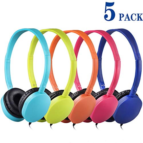 Product Cover Kids Headphones Bulk 5 Pack Multi Color for School Classroom Students Children Teen Boys Girls and Adults (Mixed)