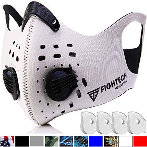Product Cover FIGHTECH Dust Mask | Mouth Mask Respirator with 4 Carbon Filters for Pollution Pollen Allergy Woodworking Mowing Running | Washable and Reusable Neoprene Half Face Mask (M/WHT)