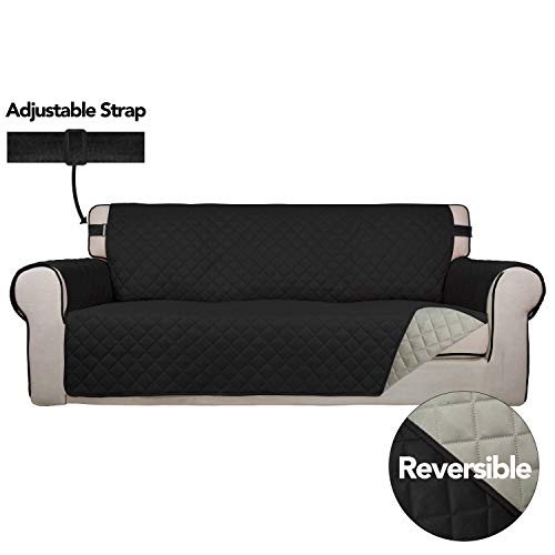 Product Cover PureFit Reversible Quilted Sofa Cover, Spill, and Water Resistant Slipcover Furniture Protector, Washable Couch Cover with Non Slip Foam and Adjustable Strap for Kids, Pets (Sofa, Black/Beige)
