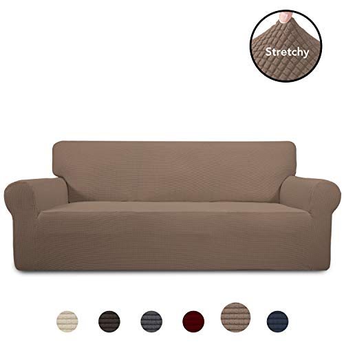 Product Cover PureFit Stretch Oversized Sofa Slipcover - Spandex Jacquard Non Slip Soft Couch Sofa Cover, Washable Furniture Protector with Non Skid Foam and Elastic Bottom for Kids (Oversized Sofa, Camel)