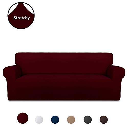 Product Cover PureFit Super Stretch Chair Sofa Slipcover - Spandex Non Slip Soft Couch Sofa Cover, Washable Furniture Protector with Non Skid Foam and Elastic Bottom for Kids, Pets （Sofa， Wine）