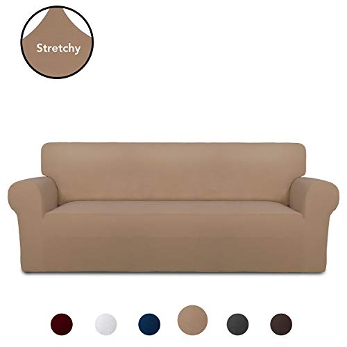 Product Cover PureFit Super Stretch Chair Sofa Slipcover - Spandex Non Slip Soft Couch Sofa Cover, Washable Furniture Protector with Non Skid Foam and Elastic Bottom for Kids, Pets （Sofa， Camel）