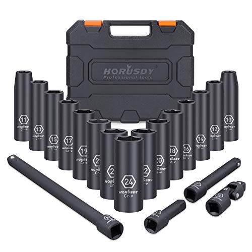 Product Cover HORUSDY 1/2-Inch Drive Deep Impact Socket Set, 19-Piece 10mm - 24mm 6-Point Metric Drive Sockets Set