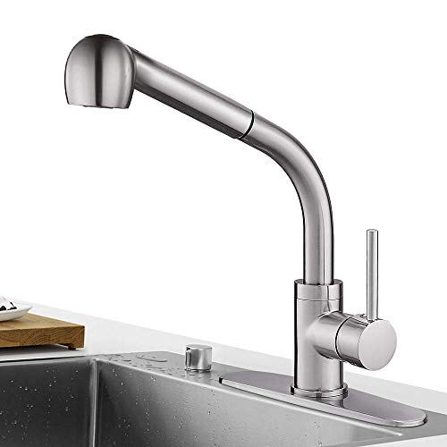 Product Cover Hoimpro Single Hole Pull Down Kitchen Faucet, Commercial Copper High Arc Single Handle Kitchen Sink Faucet with Pull Out Sprayer,Modern Rv Laundry Faucet, Brass/Brushed Nickel (1 or 3 Hole)