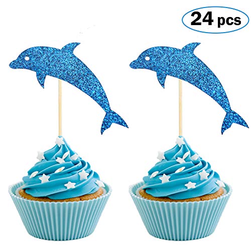 Product Cover Dolphin Cupcake Toppers, Aquarium Cake Topper, Under the Sea Theme Party Supplies, Dolphin Baby Shower Birthday Party Decorations (Set of 24)