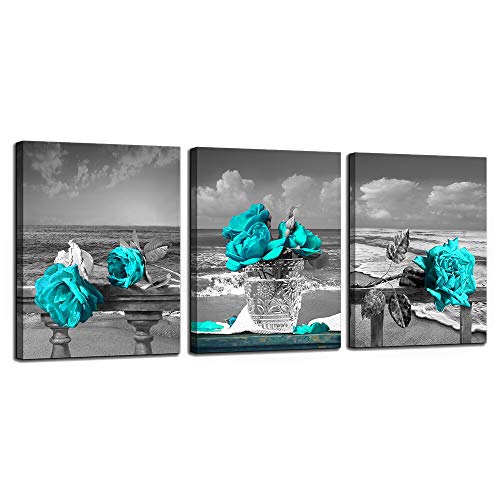 Product Cover Canvas Wall Art for Living Room Simple Life Black and White Rose Flowers Blue Canvas Wall Art Decor 3 Panel Framed Wall Art for Bedroom Ready to Hang for Home Decoration