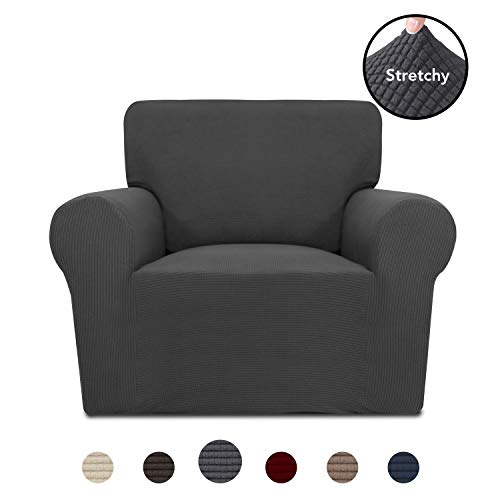 Product Cover PureFit Stretch Chair Sofa Slipcover - Spandex Jacquard Non Slip Soft Couch Sofa Cover, Washable Furniture Protector with Non Skid Foam and Elastic Bottom for Kids (Chair, Dark Gray)