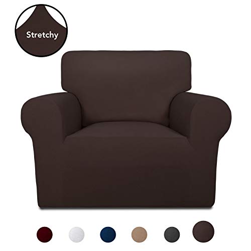 Product Cover PureFit Super Stretch Chair Sofa Slipcover - Spandex Non Slip Soft Couch Sofa Cover, Washable Furniture Protector with Non Skid Foam and Elastic Bottom for Kids, Pets （Chair， Chocolate）