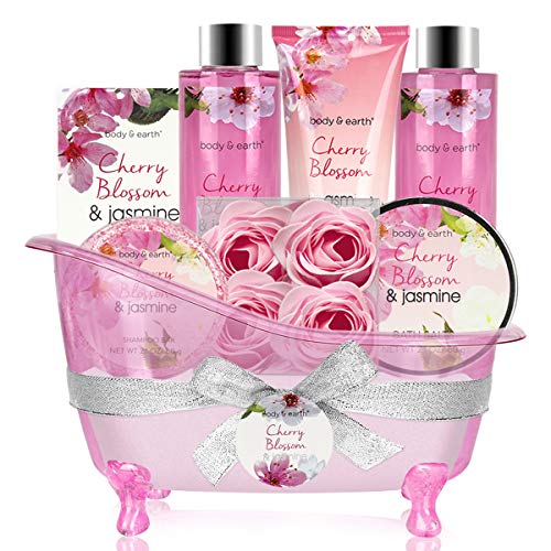 Product Cover Bath Set for Women - Body&Earth 8 Pcs Gift Basket with Cherry Blossom & Jasmine Scent, Includes Bubble Bath, Shower Gel, Body & Hand Lotion, Bath Salts and More, Perfect Gifts Set for Home Relaxation