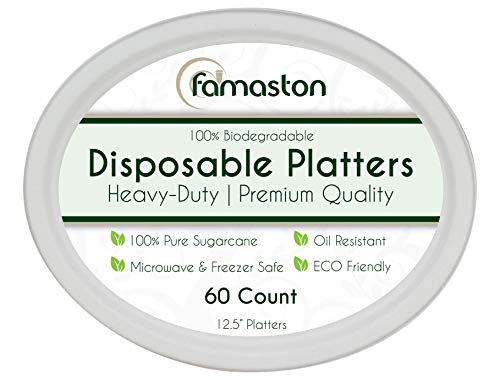 Product Cover 100% Compostable White Oval 12.5-inch Paper Platters, 60-Plates, Heavy-Duty Premium Quality Disposable Dinner Plate