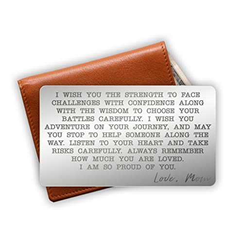 Product Cover Engraved Stainless Steel Wallet Card Insert - Son Gift Idea from Mom - Unique Mini Love Note to Son from Mother - Graduation Gift - Coming of Age Gift (Silver)