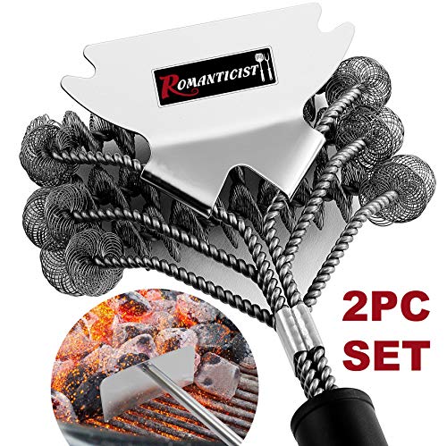 Product Cover ROMANTICIST 2pc BBQ Grill Cleaning Tools Set - Heavy Duty Bristle Free Grill Brush and Elongated Charcoal Rake - Best Stainless Steel BBQ Grill Brush Kit for Weber Charcoal Grills, Smoker, Char-Broil