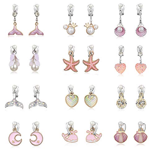 Product Cover PinkSheep Clip On Earrings for Little Girls, Mermaid Earrings for Kids, 12 Pairs, Best Gift