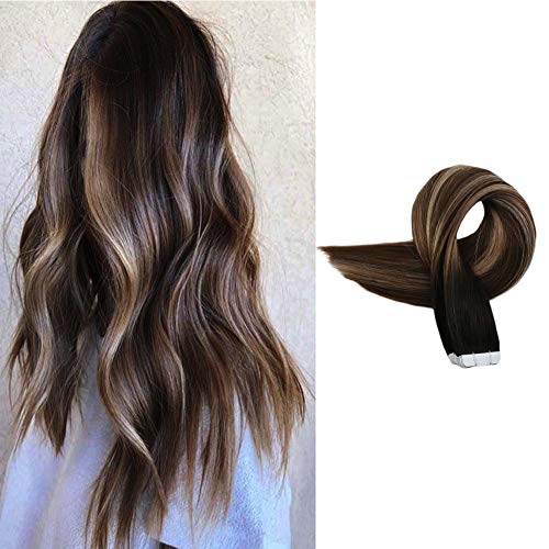 Product Cover Full Shine Hair Extensions Tape On Real Hair 16 inch Double Sided Dip Dyed Color #1BOff Black With #4Dark Brown Highlights #18Ash Blonde Extensions 20Pcs 50gram Remi Brazilian PU Tape Hair Extensions