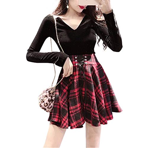 Product Cover XIANGLIOOD Women's Plaid A-line High Waist Flare Pleated Short Mini Black Red Skirt Dress, Medium