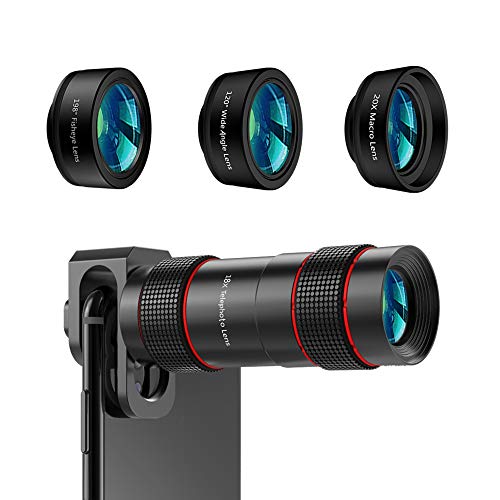 Product Cover Phone Camera Lens - [Upgraded Version] AIKEGLOBAL iPhone Lens 4 in 1, 18X Zoom Telephoto Phone Lens, 120°Super Wide Angle Lens, 20x Macro Lens & 198°Fisheye Lens for iPhone X XS 8 Samsung & Andriod