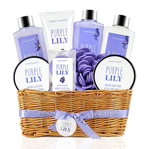 Product Cover Bath Spa Gift Basket for Women - Body & Earth 9 Pcs Bath and Body Set with Purple Lily Scent, Include Bubble Bath, Shower Gel, Milk Body Lotion & Butter, Hand Soap and More. Perfect Gift Set for Women