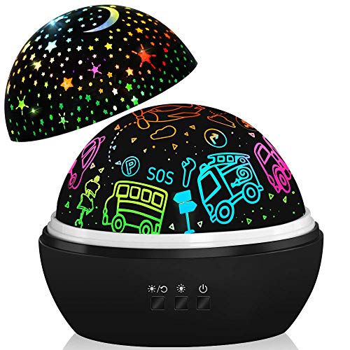Product Cover Baby Room Night Light,Kids Lamp Toys,Boys Car Gifts,1-8 Years Old Boys Valentine Gifts,Project Car/Plane/Truck/Bus/Fire Truck Night Light,Star Moon Light for Children Nursery Room (Black)