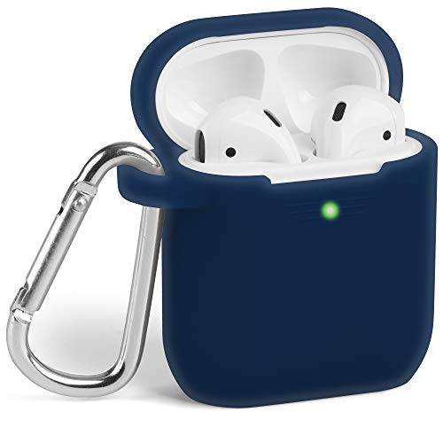 Product Cover Airpods Case, GMYLE Silicone Protective Shockproof Wireless Charging Airpods Earbuds Case Cover Skin with Keychain kit Set Compatible for Apple AirPods 1 & 2 2016-2019 - Navy Blue [Front LED Visible]