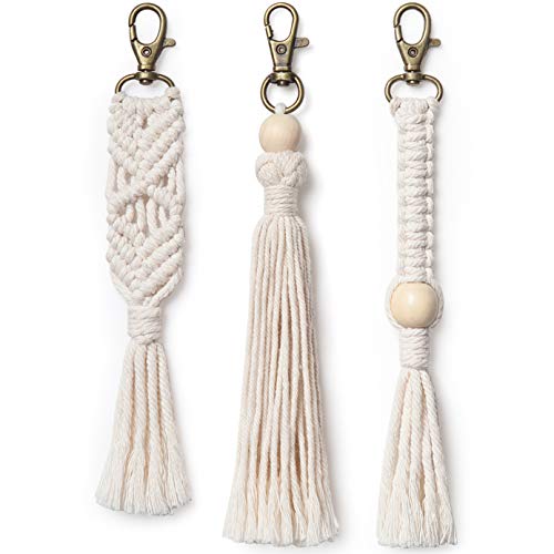 Product Cover Mkono Mini Macrame Keychains Boho Bag Charms with Tassels Handcrafted Accessory for Car Key Holder, Purse, Phone Wallet,Valentine,s Day Party Supplies Gift, White, 3 Pack