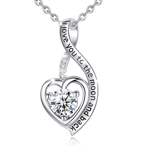 Product Cover Heart Sterling Silver Necklace for Women CELESTIA CZ Heart Pendant I Love You to The Moon and Back Necklaces, Birthday Valentines Gifts for Girlfriend Wife - 18