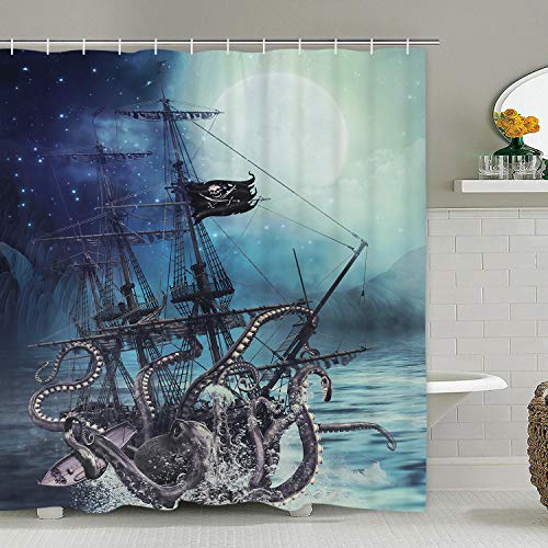 Product Cover Octopus Shower Curtain Ocean Kraken Attack Nautical Pirate Ship Shower Curtain with 12 Hooks, Octopus Tentacles Sailboat Wave Mountain Under Moon Starry Sky Shower Curtain, Waterproof Durable