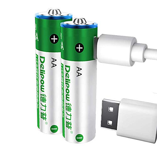 Product Cover Delipow AA Rechargeable Batteries，USB 1.5V Lithium Rechargeable Batteries 2800mWh AA Battery,1 H Quick Charge ,1200 Cycle with 2 in 1 Micro USB Cable - 2 Pack