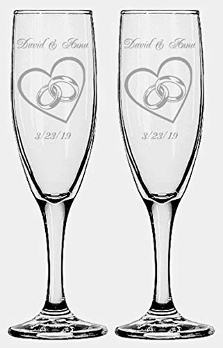 Product Cover Gifts Infinity Engraved Wedding Champagne Flutes Set of 2 Personalized Toasting Glasses (Hearts with Rings)