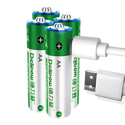Product Cover Delipow AA Rechargeable Batteries,USB 1.5V Lithium Rechargeable Batteries, High Capacity 2800mWh Li-ion AA Battery,1 H Quick Charge ,1200 Cycles with USB Cable- 4 Pack