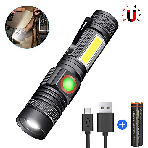 Product Cover Magnetic LED Flashlight USB Rechargeable (18650 Battery Included) COB Side Light Waterproof Zoomable Super Bright Tactical Flashlight Torch 4 Lighting Modes for Outdoor Camping Hiking Cycling
