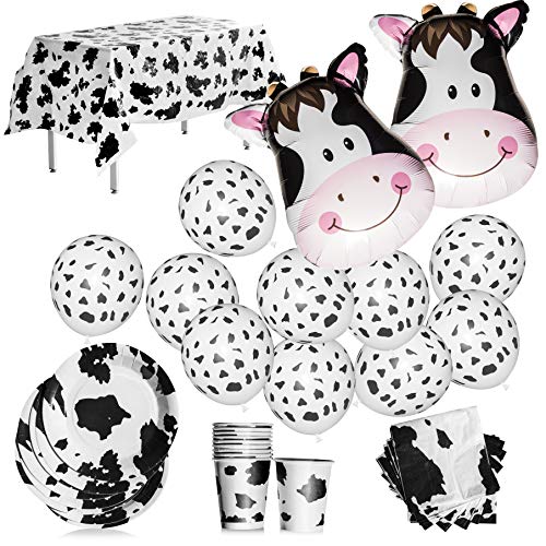 Product Cover Cow Print Party Supply Set: Cow Print Balloons, Paper Plates, Paper Cups, Napkins and Plastic Tablecloth - Fun Farm Animal or Barnyard Birthday Party Supplies and Decorations - 53 Pieces, Serves 10
