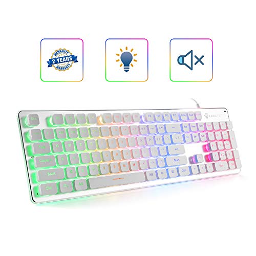 Product Cover LANGTU Membrane Gaming Keyboard, Rainbow LED Backlit Quiet Keyboard for Office, USB Wired All-Metal Panel 25 Keys Anti-ghosting Computer Keyboard 104 Keys - L1 White/Silver