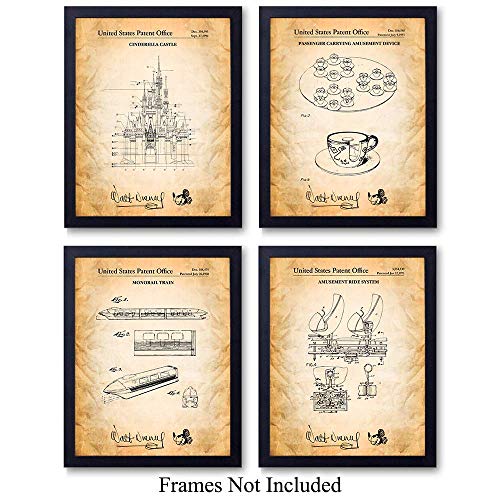Product Cover Disney Rides Patent Art Prints - Vintage Wall Art Poster Set - Chic Rustic Home Decor for Boys, Girls, Teens, Kids Room - Gift for Mickey Mouse, Disney World, Disneyland Fans, 8x10 Photo Unframed