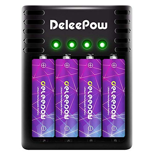 Product Cover Deleepow Rechargeable Lithium/Li-ion AA Batteries, 1.5V 3200 mWh 1500 Cycles AA Rechargeable Batteries 4-Pack, with 4 Bay Micro USB Charger, Fast Charge Auto-Safety Feature