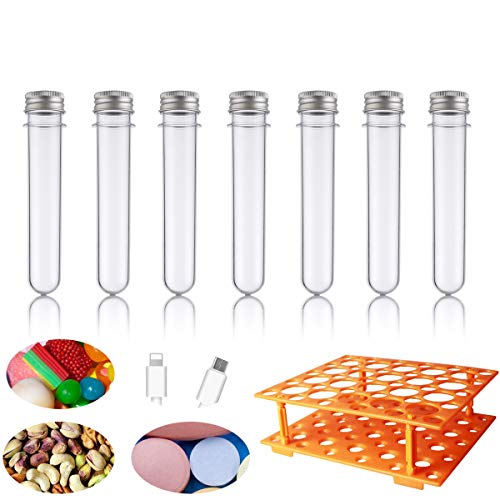 Product Cover BcPowr 25Pcs 25x140mm(40ml) Clear Flat-Bottomed Plastic Test Tubes with Orange Plastic Test Tube Rack