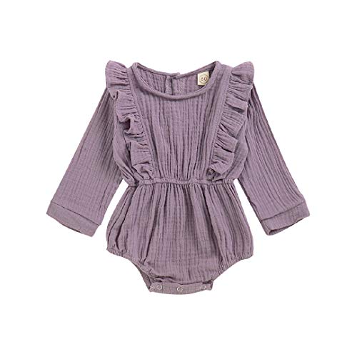 Product Cover Newborn Baby Girl Romper Ruffle Long Sleeve Bodysuit Cotton Linen One Piece Jumpsuit Infant Fall Outfits Clothes
