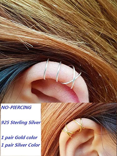 Product Cover caoli 925 Sterling Silver 4pcs Silver and Gold no Piercing Ear Cuff (2 pcs doule & 2pcs Cross line) Helix Fake Cartilage Earring