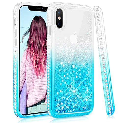 Product Cover Maxdara Case for iPhone X iPhone Xs Glitter Liquid Case with Bling Sparkle Rhinestone Diamond Soft TPU Pretty Fashion Girls Women Case for X Xs 5.8 inches (Teal)