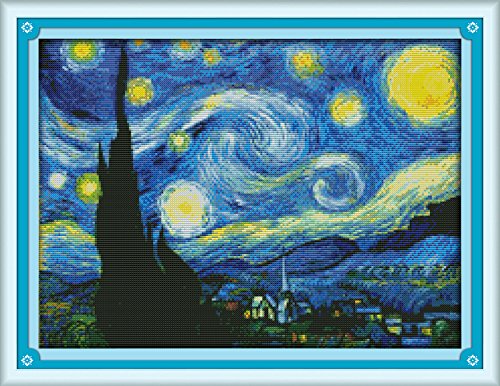 Product Cover Maydear Cross Stitch Kits Stamped Full Range of Embroidery Starter Kits for Beginners DIY 11CT 3 Strands - Starry Night of Van Gogh 23×18(inch)