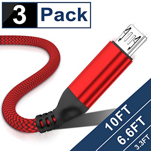 Product Cover Micro USB Cable Android, 3-Pack (10ft+6.6ft+3.3ft) AkoaDa Micro USB to USB A Fast Charger Nylon Braided Cord Compatible with Samsung Galaxy S6 S7 J7 Edge Note 5, LG, Kindle, PS4, Moto G5, Sony (Red)
