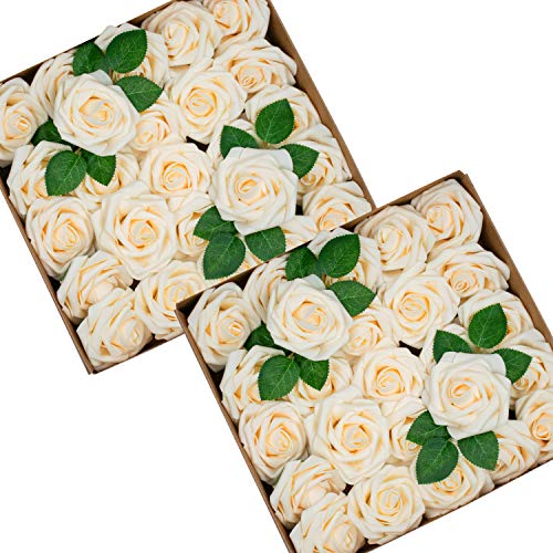 Product Cover Foraineam 50pcs Artificial Roses Flower Real Looking Foam Rose Fake Flowers with Stem & Leaves for DIY Wedding Bouquets Centerpieces Party Home Decorations (Cream)