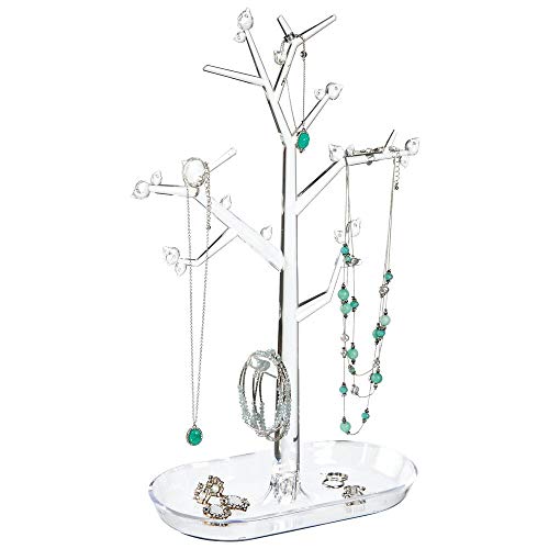 Product Cover mDesign Decorative Plastic Fashion Jewelry Accessory Organizer Tower with Hooks and Storage Tray - Holds and Displays Necklaces, Chokers, Bracelets, Rings, Earrings - Tree Stand Design - Clear
