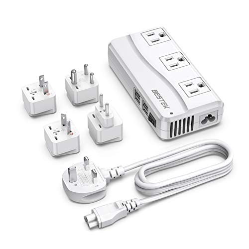 Product Cover BESTEK Travel Adapter with UK Plug Universal 100-220V to 110V Voltage Converter 250W with 6A 4-Port USB Charging 3 AC Sockets and EU/US/India/AU Adapter for Worldwide use (White)