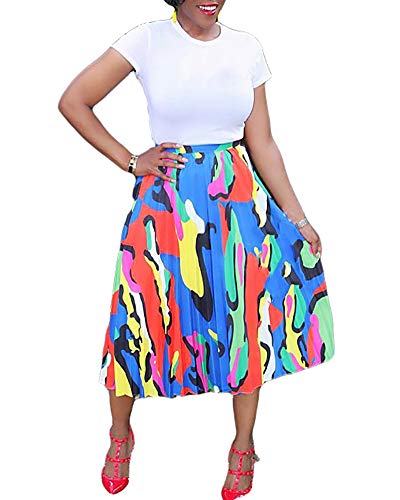 Product Cover Women's A-Line Colorful Pleated Skirts Vintage Elastic Waist Rainbow Midi Skirts
