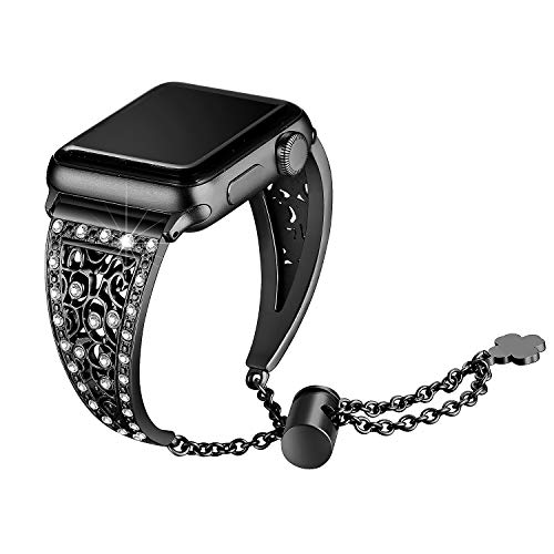 Product Cover Secbolt Bling Metal Bands Compatible with Apple Watch Band 38mm 40mm iwatch Series 5/4/3/2/1, Dressy Jewelry Diamond Cuff Bracelet Bangle Wristband Women, Black