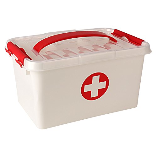 Product Cover ZIZLY Plastic First Aid Kit Emergency Medicine Storage Box with Detachable Tray and Lid Medical Box First Aid Kit Medical Box Emergency Kit Storage Box (Medicine Box, 15 * 20 * 30cm, White and Red)