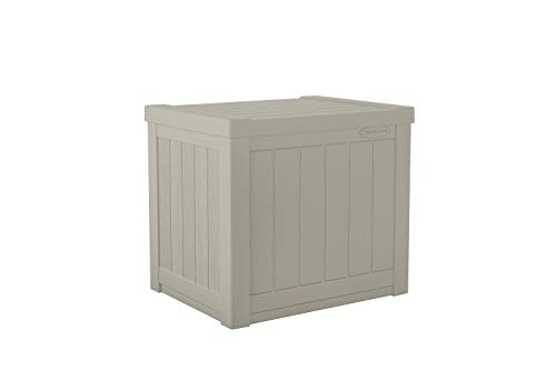 Product Cover Suncast 22-Gallon Small Deck Box - Lightweight Resin Indoor/Outdoor Storage Container and Seat for Patio Cushions and Gardening Tools - Store Items on Patio, Garage, Yard - Light Taupe